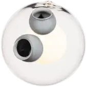 Bocci 28 pendant light, opaque grey glass sphere, features two recessed matte grey cylinders emitting diffused light, minimalist design.